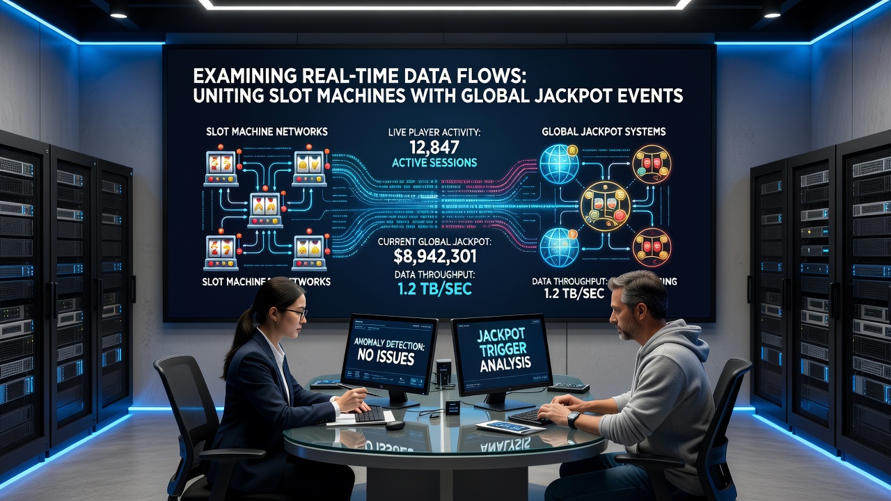 Serverraum mit Überwachungsbildschirmen für globale Jackpot-Netzwerke
