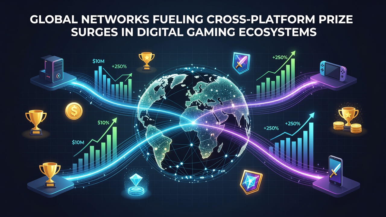 Darstellung vernetzter Gaming-Systeme mit globalen Preispools über verschiedene Geräte