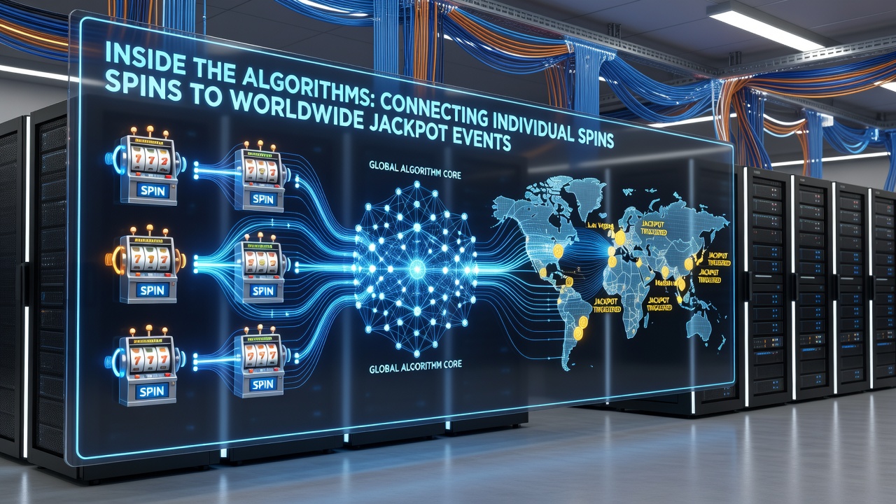 Netzwerkdiagramm mit globalen Verbindungen zwischen lokalen Spins und zentralen Jackpot-Servern