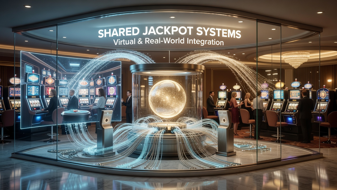 Technische Darstellung eines vernetzten Jackpot-Systems mit Verbindungen zwischen Online-Plattformen und physischen Casinos