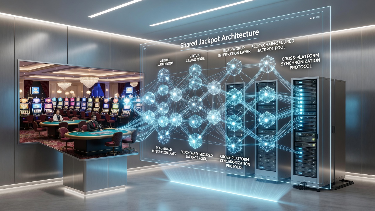 Diagramm der Datenflüsse in einem hybriden Jackpot-Netzwerk mit Online- und Offline-Komponenten