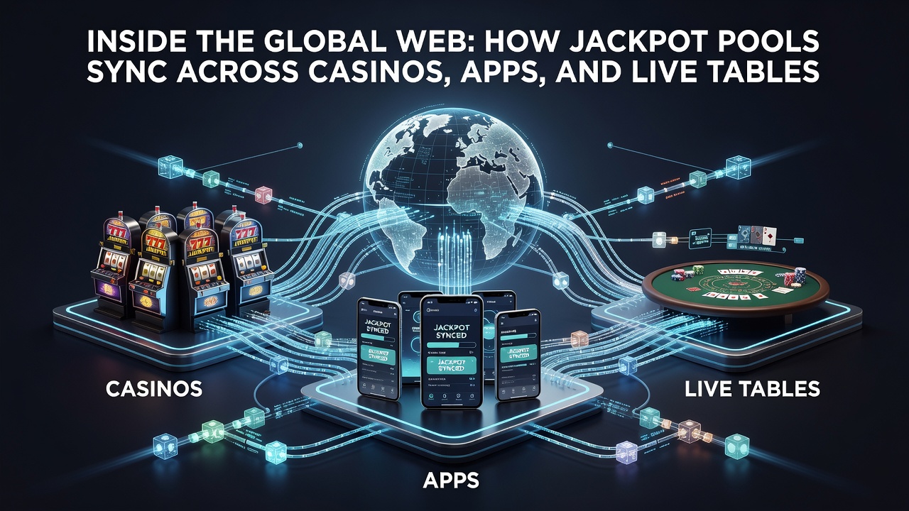 Illustration der Datenflüsse zwischen mobilen Apps, stationären Terminals und Live-Tischen in einem globalen Jackpot-Netzwerk