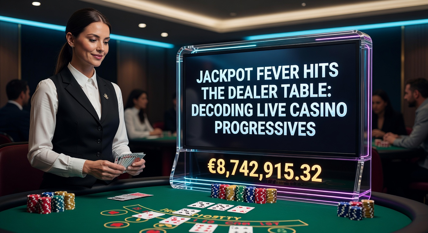 Live-Dealer am Tisch mit progressivem Jackpot-Anzeiger, der den aufbauenden Preis zeigt