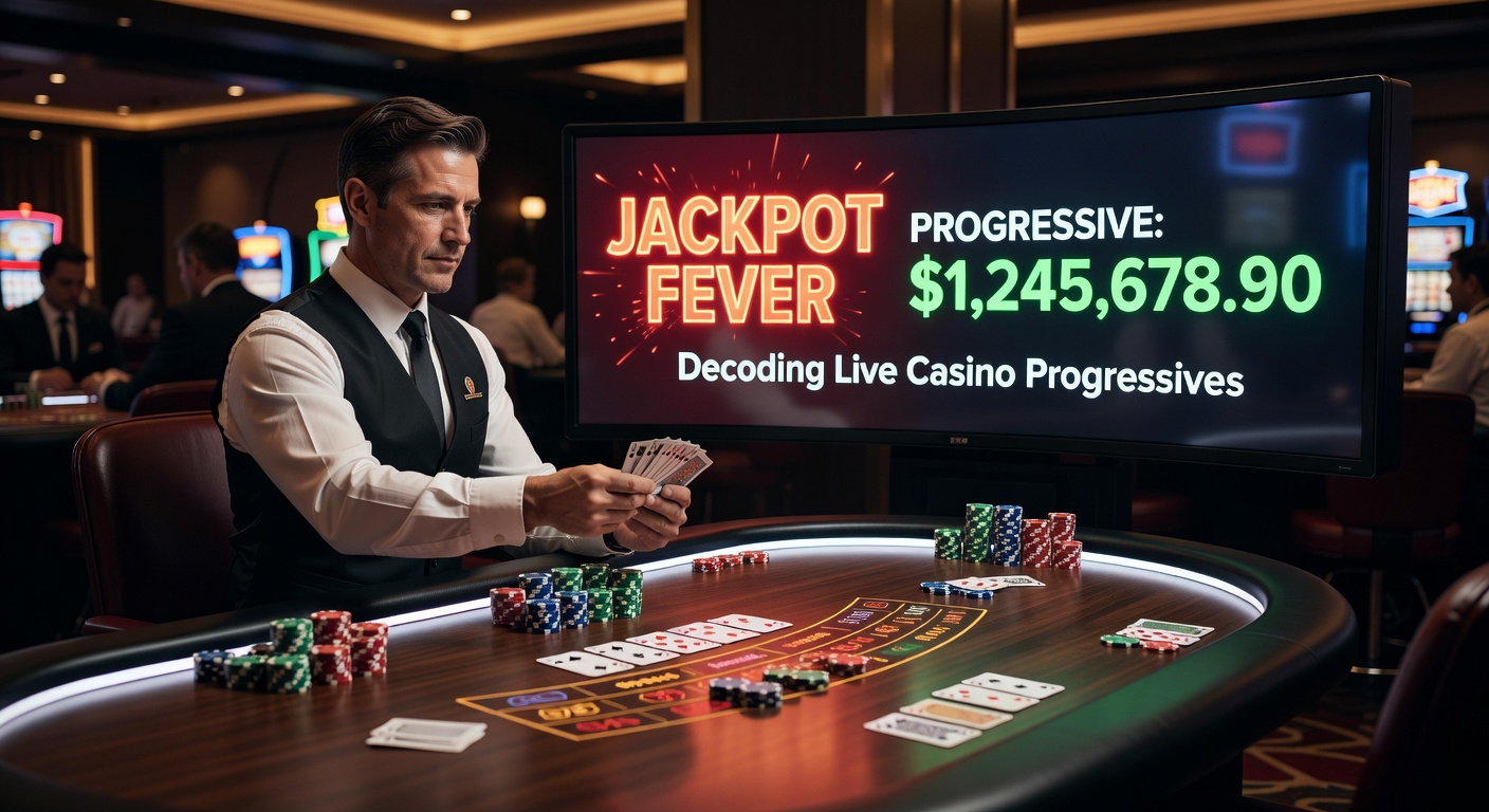 Nahaufnahme eines Live-Roulette-Tisches mit leuchtendem progressivem Jackpot-Meter und jubelnden Spielern auf Splitscreens