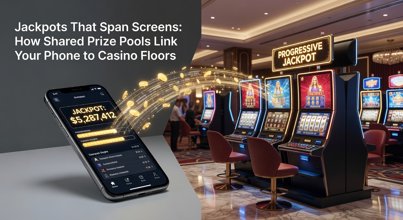 Smartphone und Casino-Slotmaschine mit verbundenem Jackpot-Display, das einen gemeinsamen Preispool zeigt