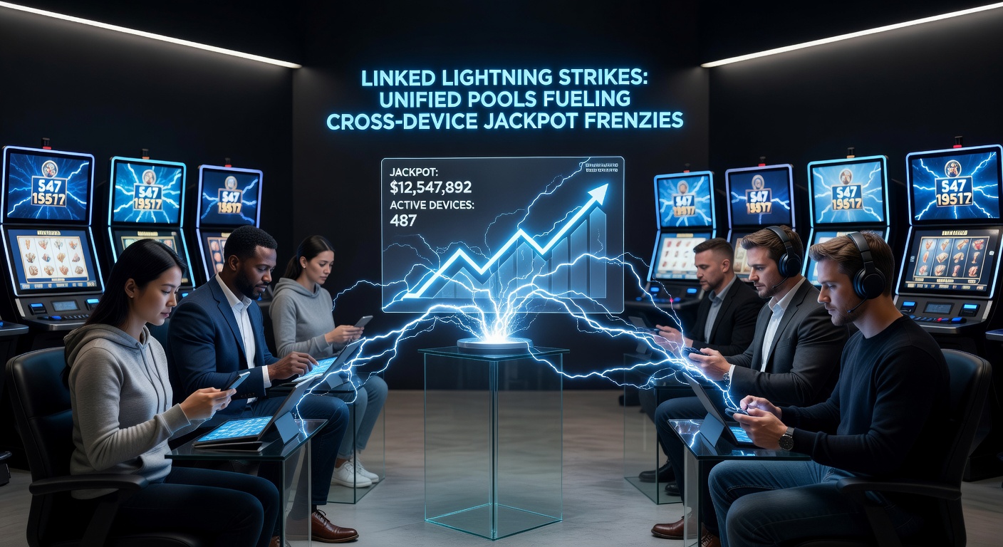 Dynamische Visualisierung eines einheitlichen Jackpot-Pools, der von mobilen und stationären Geräten gespeist wird, mit grafischen Blitzen, die auf einen Frenzy hindeuten