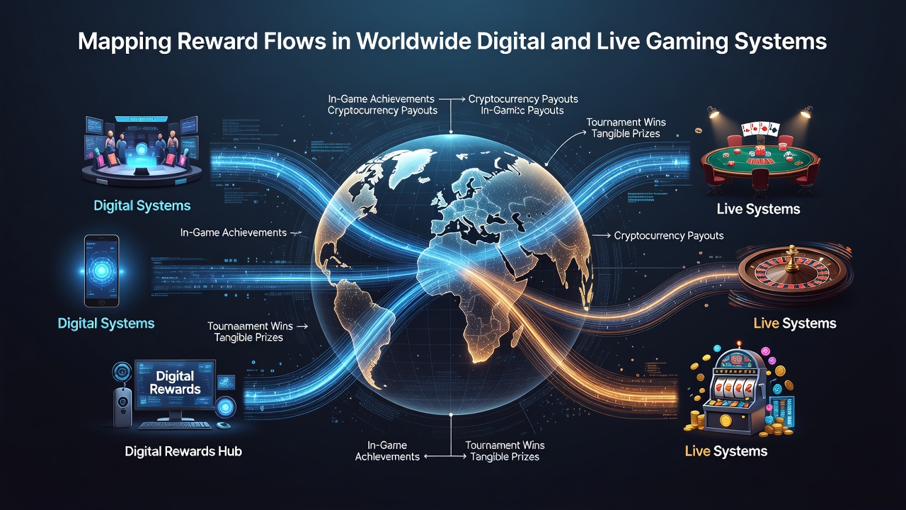 Karte globaler Gaming-Netzwerke mit Fokus auf Belohnungsflüsse zwischen Online- und Live-Plattformen