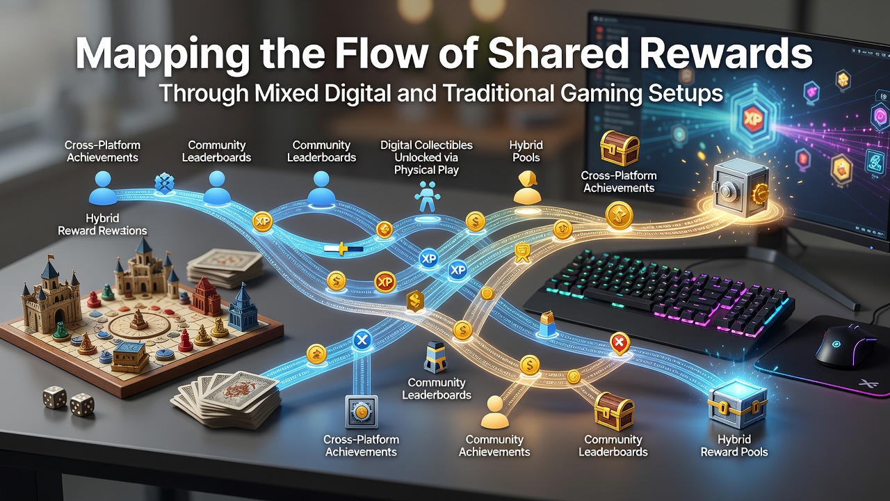 Darstellung eines vernetzten Systems mit digitalen und stationären Spielplattformen sowie Belohnungsflüssen
