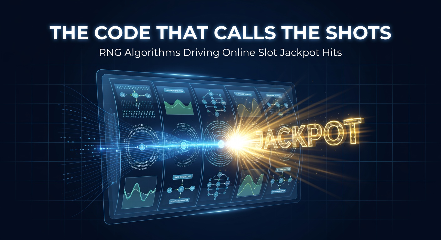 Visualisierung eines RNG-Algorithmus, der Zufallszahlen für Slot-Symbole generiert, mit digitalen Wellen und Jackpot-Symbolen